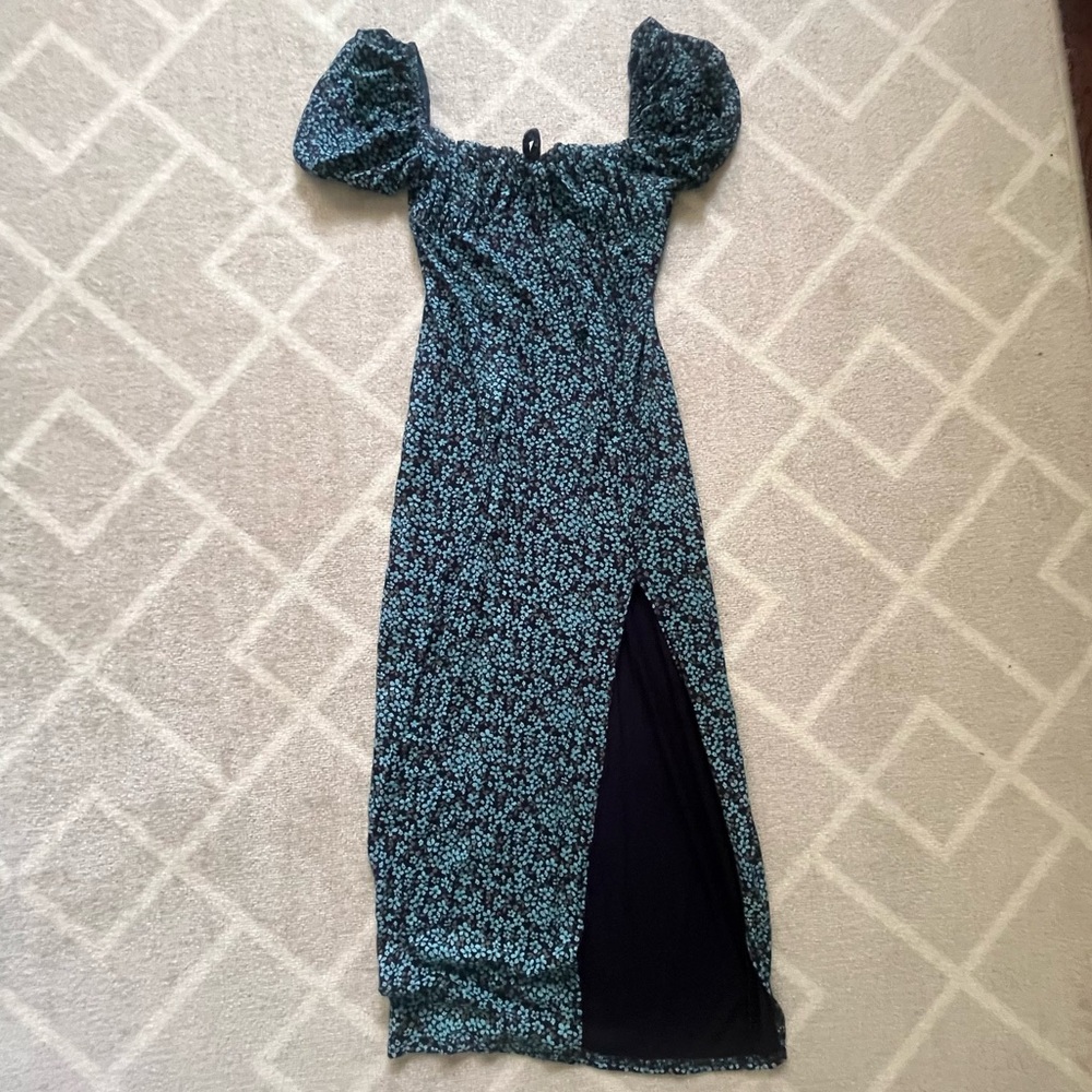 Misguided blue floral puff sleeve milkmaid style midi dress